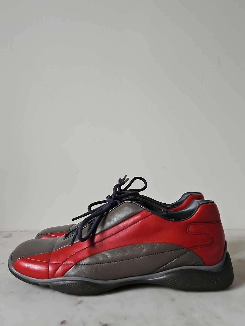 PRADA: Y2k Leather Logo Square Toe Sneakers